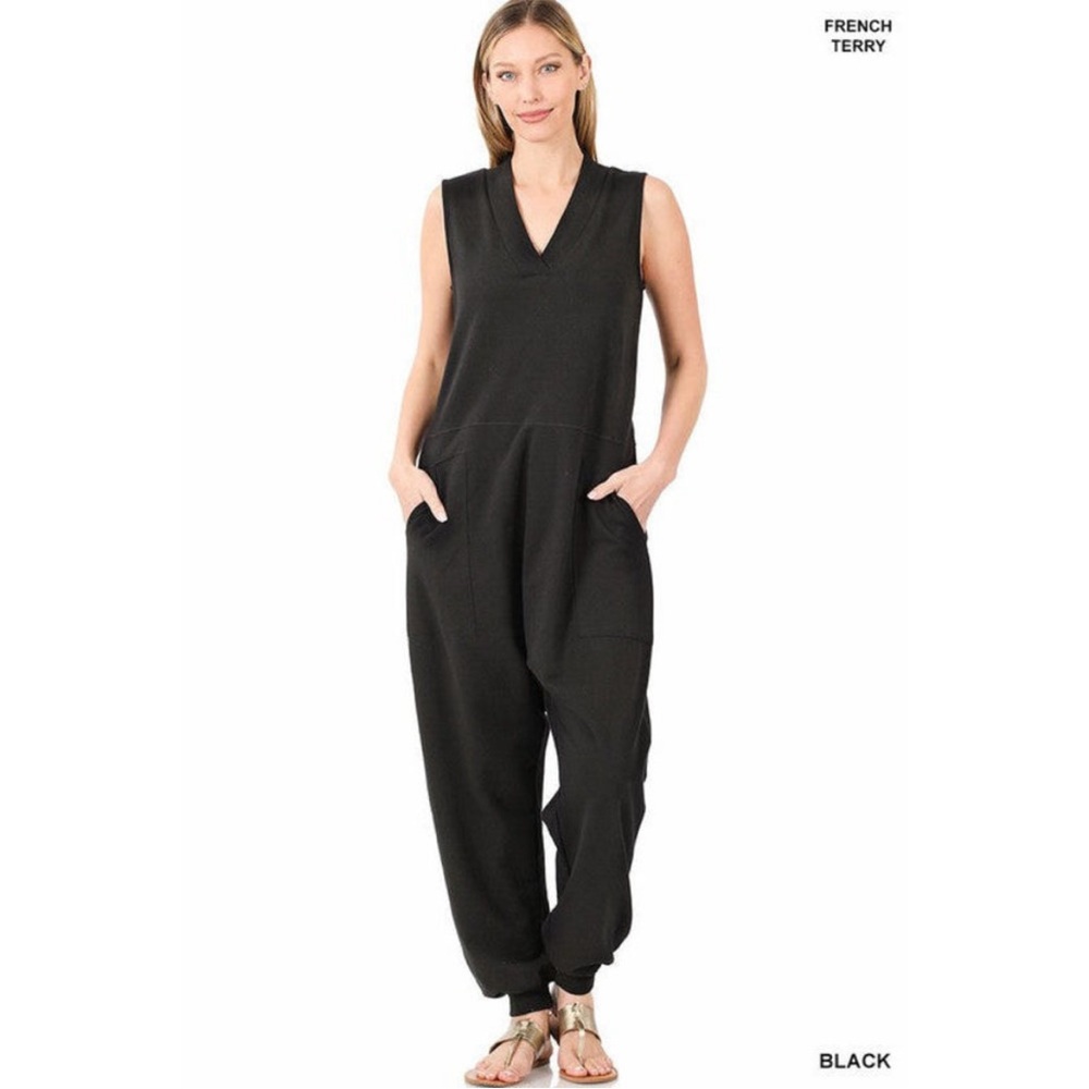 French Terry Sleeveless Harem Jumpsuit With‎ Pockets